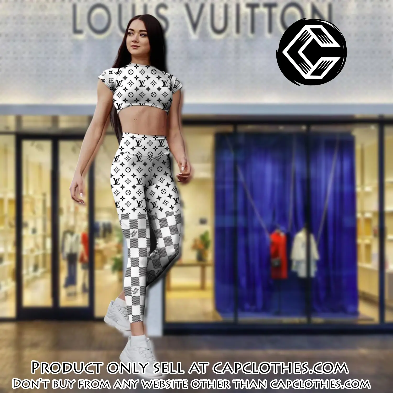 White checkerboard louis vuitton sportwear combo luxury brand crop top tshirt and legging for women ctl1013 cc0108059